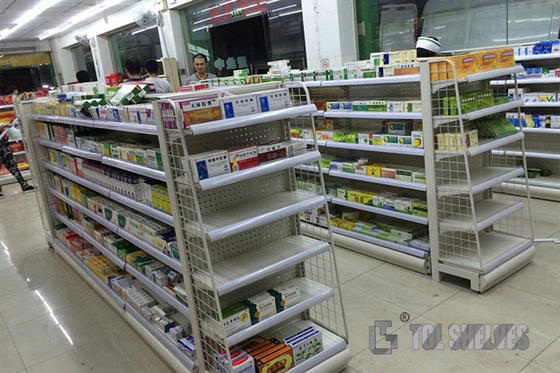 Modern Medical Store Display Rack Gondola 4-8 Layers 30-50kg Each Layer Capacity