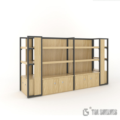 Wall-Mounted Gondola Shelf Rack Wooden Display Rack With Floor Cabinet